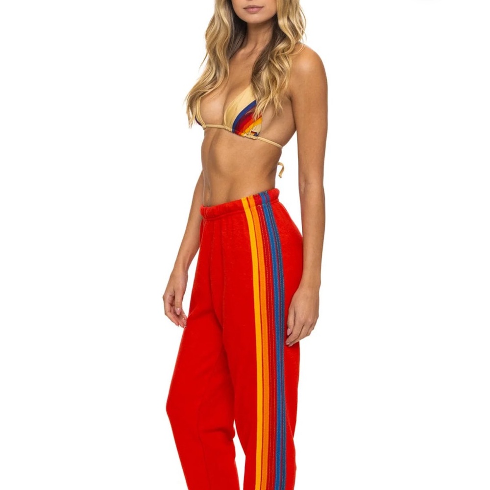 Aviator Nation Vibrant Red Joggers with Rainbow Stripes